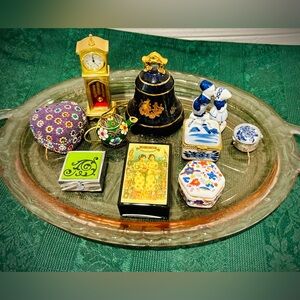 Limoge Bell, brass clock, Depression Glass, Delft Blue Figurine, trinket boxes